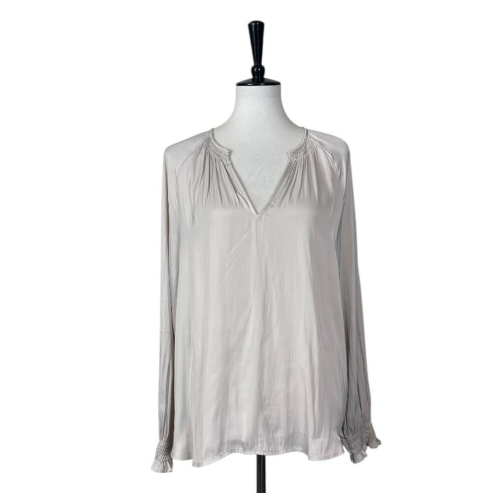 Ann Taylor New Top V-neck Long Smocked Sleeves Silver White Satin Women Size XL